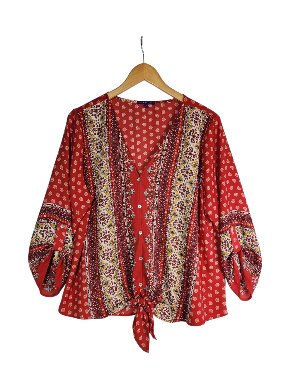 West Kei Women’s L Red Boho Mixed Print Tie Front Blouse 3/4 Sleeve Flowy Fall